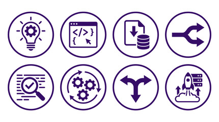 Fototapeta premium Set of eight icons representing technology, coding, data management, and innovation concepts
