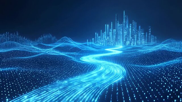 Digital data stream flowing toward futuristic city skyline. Abstract glowing blue network landscape. Panning and tilting camera movement.