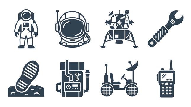 Collection of space exploration icons including an astronaut, lunar lander, and tools for missions