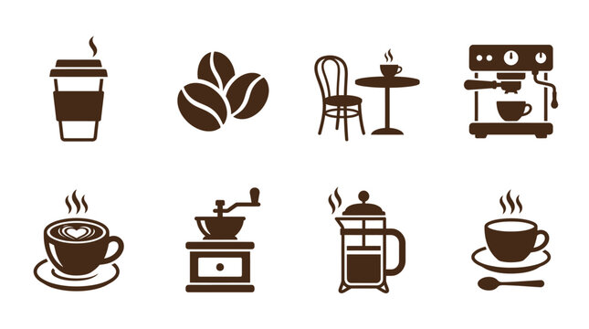 Various coffee-related icons including cups, beans, and brewing equipment, suitable for beverage themes