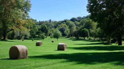 Fototapeta premium Soft green grass stretches across the farmland, dotted with round hay bales. Tall trees frame the scene, while the sun shines brightly, offering a peaceful countryside view