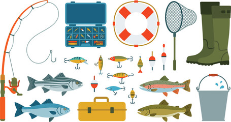 Fishing Equipment and Gear Set with Rod, Lures, Tackle Box, Net, Boot, and Fish for Outdoor Sport and Hobby Designs © SM