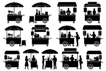 Naklejka premium Silhouettes of food and drink vendor carts with customers in various poses.