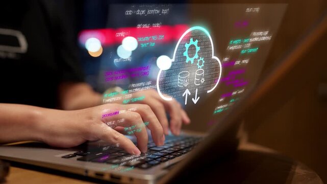 Cloud computing technology and data storage concept with person using laptop for digital file management, online database, and cloud synchronization networking system