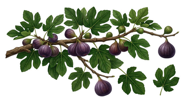 Botanical illustration of a fig branch bearing ripe purple figs and green lobed leaves
