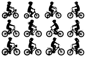 Fototapeta premium Silhouettes of children riding bicycles in various positions and directions.