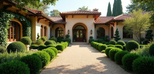 Fototapeta premium Manicured green shrubs line gravel path to arched doorway. Luxury house facade shows spanish tile roof. Ivy climbs wall near arched windows.