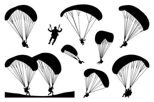 Silhouette paragliders in action: diverse poses and parachute designs.