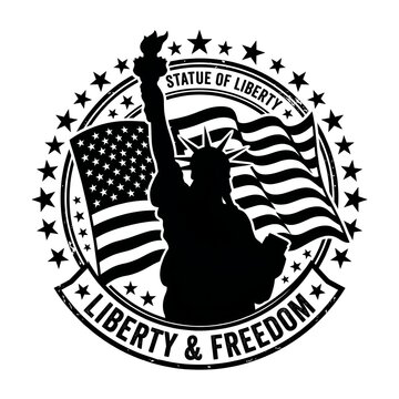 Statue of liberty silhouette with american flag stamp design