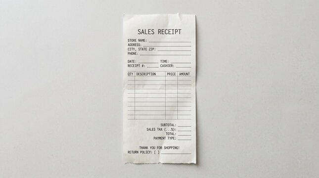 Blank sales receipt template mockup on white background