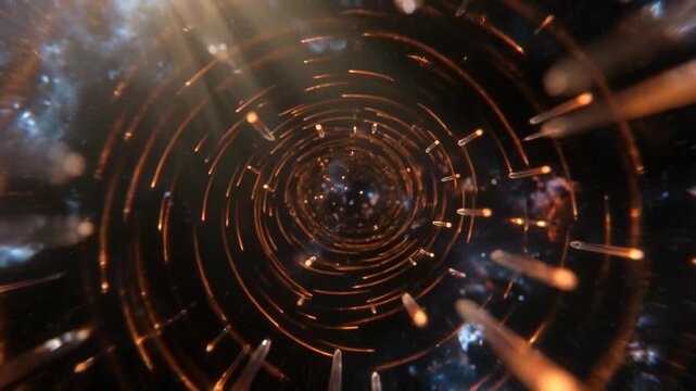 Glowing light trails moving through deep space in abstract style on dark cosmic background, concept of motion and energy