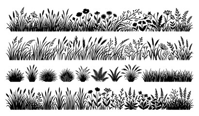 Black grass silhouettes nature vector set with decorative meadow and lawn plant elements © Wahida