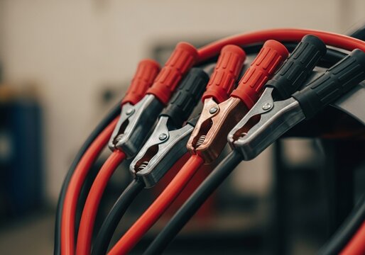 Red jumper cables with black and red clamps for vehicle battery jump starting.