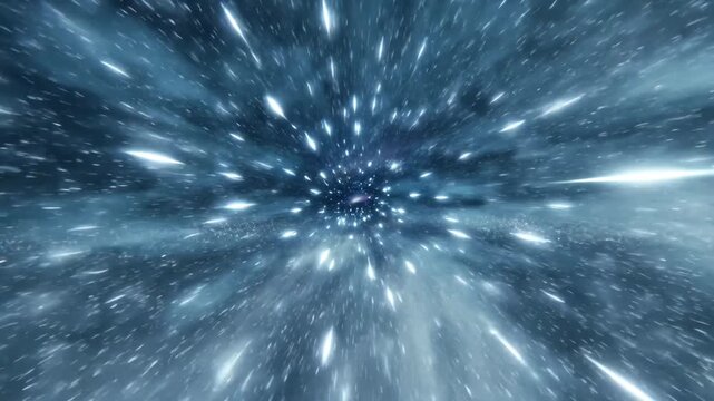 A swirling star-filled cosmic tunnel in abstract style on a dark space background, expressing a concept of fast cosmic motion