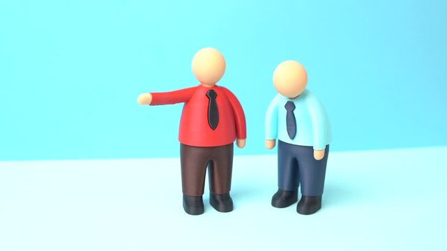 The boss fires the employee. Concept of dismissal, layoffs, and job loss. Materials on HR decisions, corporate restructuring, crisis management, workplace conflicts. Career risks, leadership authority