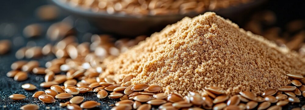 Close-up view of flaxseed flour and whole golden flaxseeds in bright studio lighting