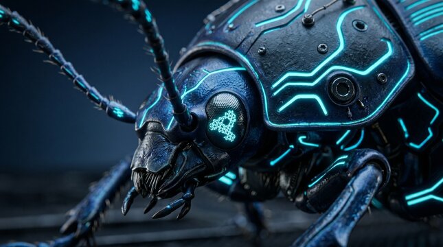 Detailed macro shot of a futuristic bio-luminescent insect shell