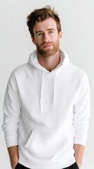 Fototapeta premium A young man stands confidently in a sleek, white hoodie, showcasing a relaxed style. His friendly smile brings warmth to the minimalist background, creating a calm atmosphere