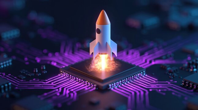 Miniature rocket launch from a high-tech cpu chip for business growth