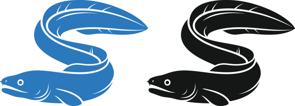 Minimalist vector illustrations of a long swimming eel in blue and black