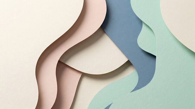 Abstract composition with wavy paper cutouts in pastel colors on beige background