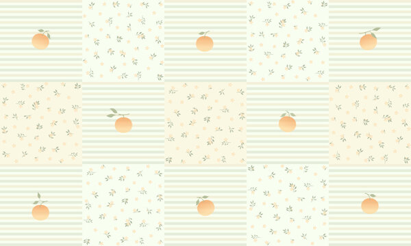 A seamless patchwork pattern with oranges, stripes, and dainty floral designs in soft, warm pastel colors.