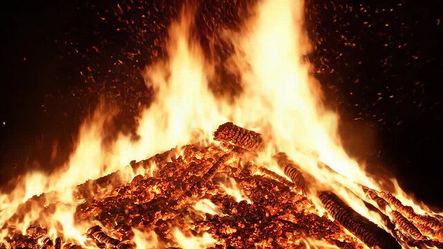 Intense pyre of charred wooden structure burning dramatically fire flames