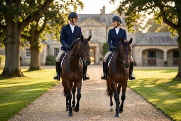 Fototapeta premium Two riders gracefully trot on horseback along a scenic pathway lined with lush trees and a beautiful estate in the background.