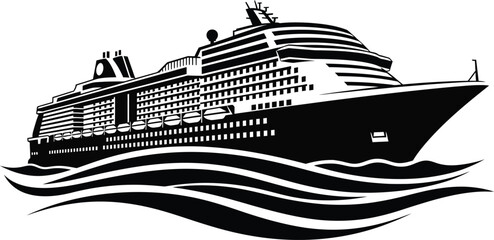 Minimalist graphic icon of a large cruise ship sailing on ocean waves © Rajon