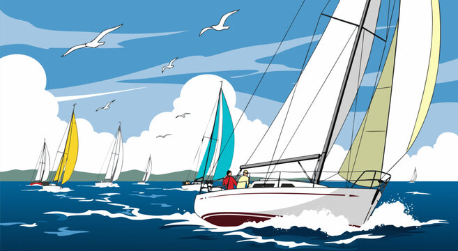 A vector illustration of sailboats racing on a sunny day at sea with clear blue skies.