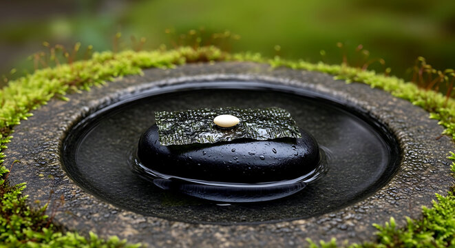 Still life, Zen-inspired. a smooth, black river stone resting in a shallow pool of clear water in a stone basin, and a piece of nori, with a single, white sesame seed 