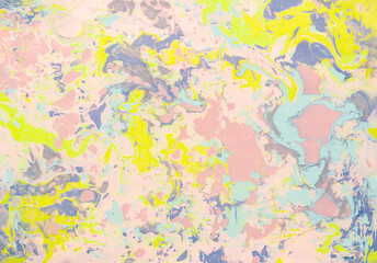Fototapeta premium Abstract pastel pink and lime green marble background. Hand painted ebru art texture with purple and mint blue ink swirls.
