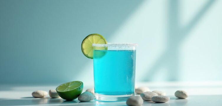 Bright blue cocktail drink with lime slice garnish and salt rim. Smooth stones surround glass on white surface. Refreshing beverage for summer parties and relaxation.