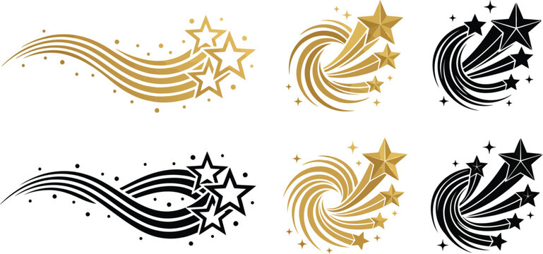 Shooting stars icon set. Gold and black meteor trail vector collection