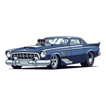 Classic Blue Hot Rod Car Illustration on White Background