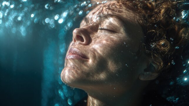Serene ocean scene. Calm underwater world with gentle light. Serene diver rises through glowing peaceful marine environment. Tranquil free diver ascends with bubbles in softly illuminated deep sea