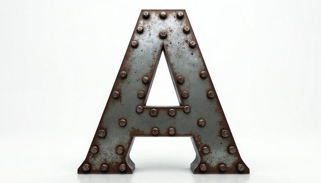 Rough metal letter A with rivets. Industrial alphabet character stands on white background. Aged metallic font for design. Strong solid uppercase symbol.