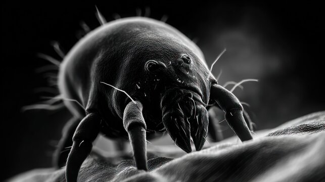 Microscopic dust mite depicted in high contrast black and white