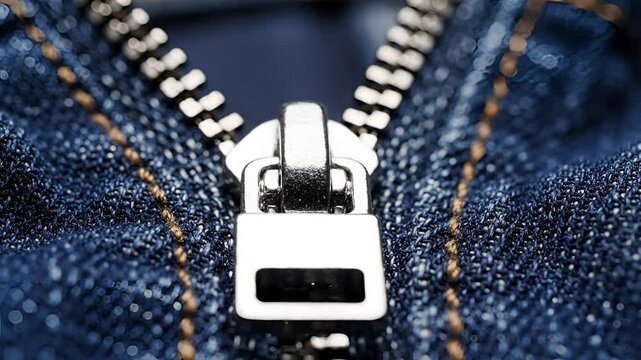 Closeup Macro Shot of a Metal Zipper on Blue Denim Fabric 2.