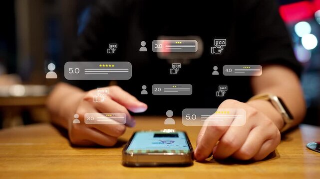 Customer satisfaction concept showing a business on a Mobile receiving excellent 5-star ratings and positive online reviews, illustrating great customer feedback and reputation management.