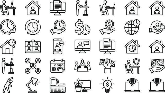Work From Home and Flexible Work Line Icon Set with Time Management, Online Meeting, Salary, and Remote Productivity Symbols for Business Designs
