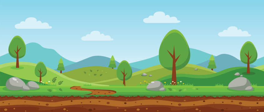 Seamless Cartoon Nature Landscape Looping Background for 2D Side Scroller Platformer Game Vector
