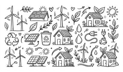 Fototapeta premium Hand drawn renewable energy doodle vector illustration isolated on white background