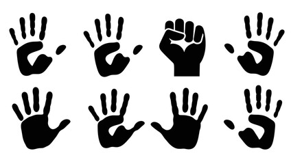 Fototapeta premium Set of Black Handprints and Fist Icon on White Background