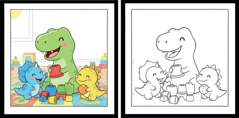 Cute Dinosaur Friends Cartoon Illustration Playing with Colorful Toys and Stacking Cups in Kids Playroom © MstSangita
