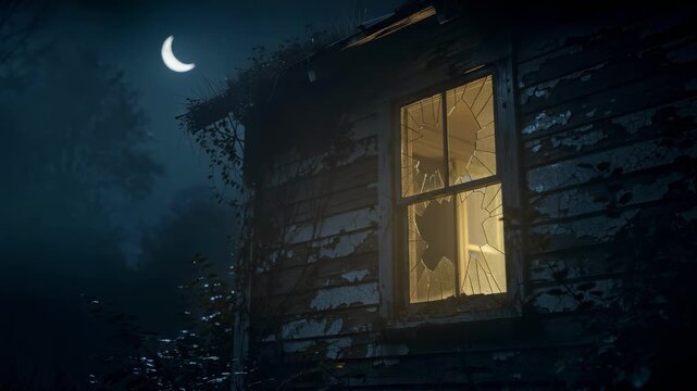Warm light spilling through a broken window in an old abandoned house under a crescent moon at night