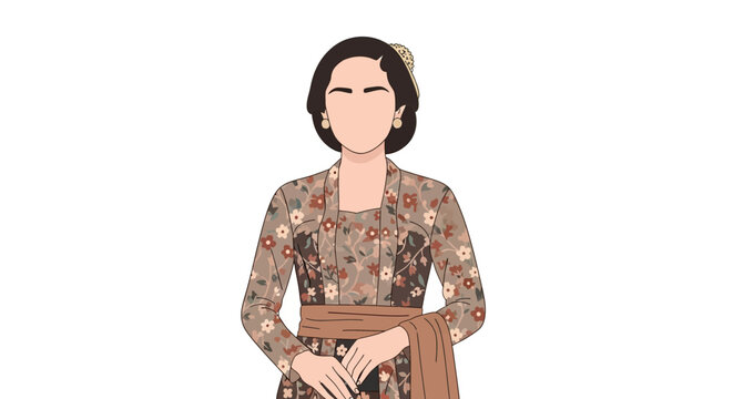 Beautiful Indonesian Woman Wearing Traditional Javanese Kebaya Dress Vector Illustration