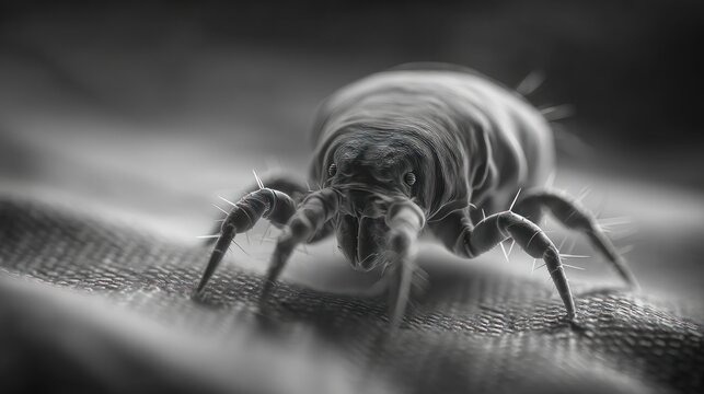 Microscopic dust mite close up on fabric surface for educational use