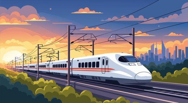 A white bullet train speeds across tracks towards a cityscape at sunset in a vector illustration.