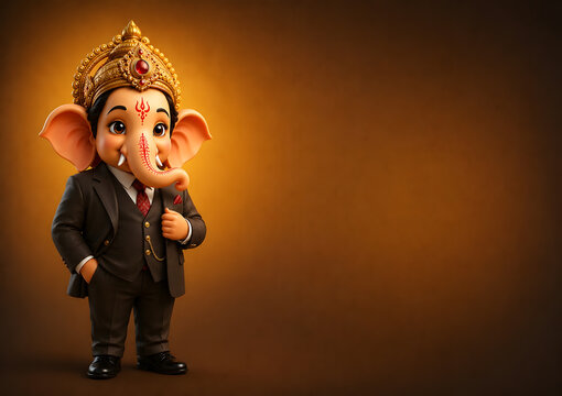 Lord Ganesh 3d cartoon style illustration with copy space in right for invitation , wedding card purpose